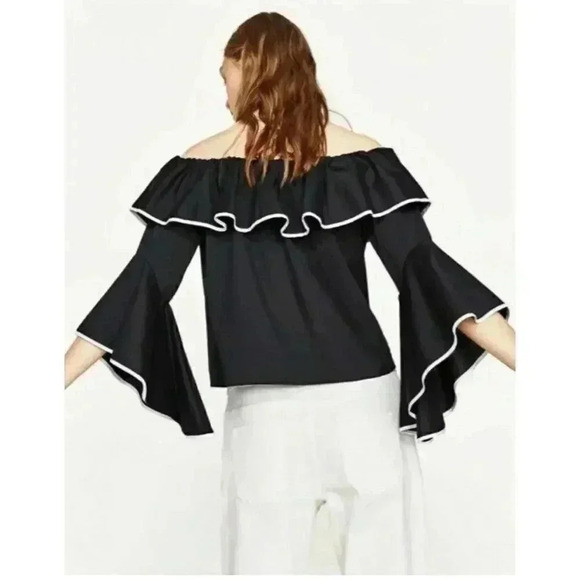 Zara Basic Women's Long Bell Sleeve Ruffle Blouse Size Small Black White - Picture 7 of 7